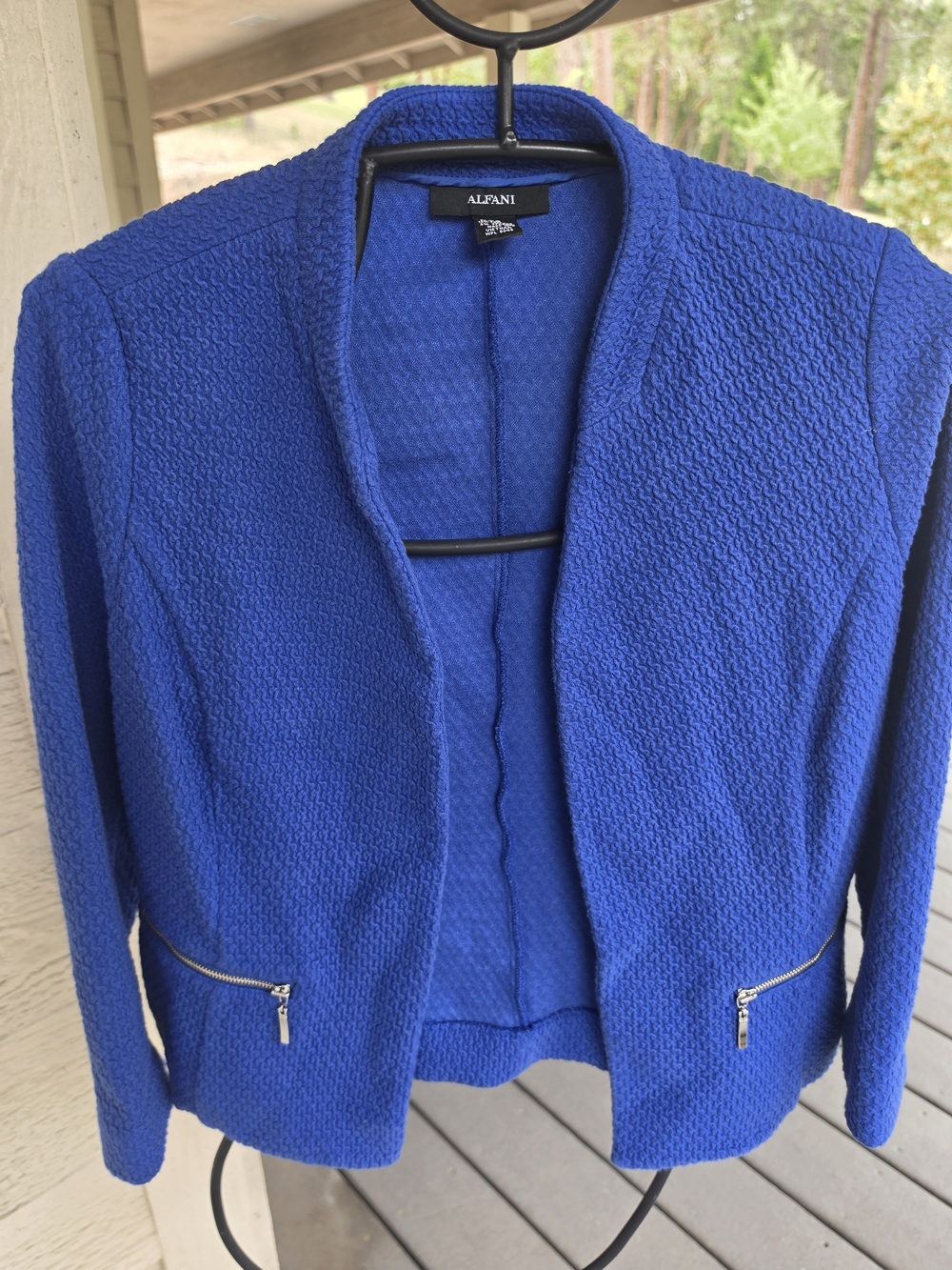 Alfani Blue Textured Open-Front Blazer with Zip Pockets